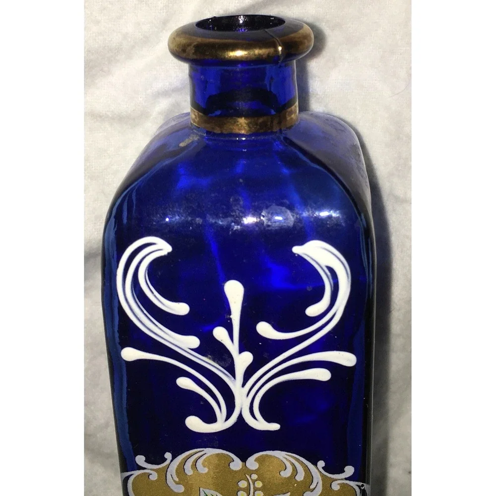 Vintage Bohemian HandPainted Blue/Gold Bottle No Topper